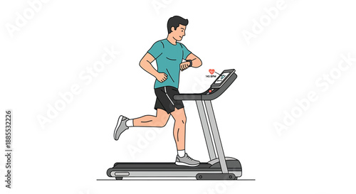 Man running on treadmill wearing smartwatch, tracking fitness goals