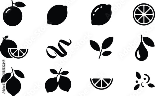 Simple black silhouette icons showing whole lemons, sliced halves, peels, leaves, and a refreshing juice drop