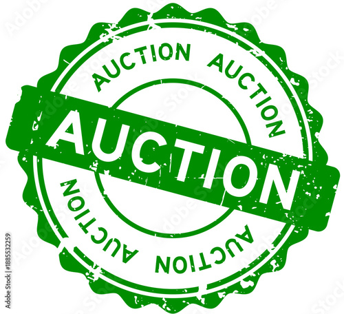 Grunge green auction word round seal stamp on white background