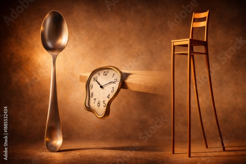 Surreal composition with distorted clock, spoon and chair creating an abstract sense of time and balance