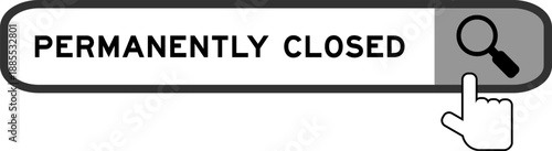 Search banner in word permanently closed with hand over magnifier icon on white background