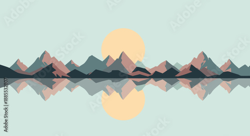 Minimalist geometric landscape illustration of sun over mountains reflected in water