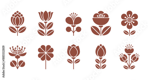 Set of Scandinavian Folk Art Inspired Floral Icons