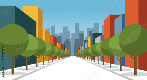 Stylized Illustration of a City Street Lined with Trees and Modern Buildings Under a Clear Sky