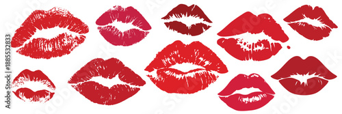 Set of red lipstick kiss marks isolated on white for love romance and valentines day designs