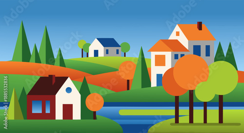 Idyllic countryside scene with a cluster of houses nestled among rolling hills and trees