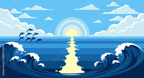 Ocean sunrise with dolphins leaping through waves, reflecting sun rays on a clear day