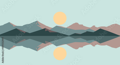 Minimalist landscape with reflection of mountains and sun on the water