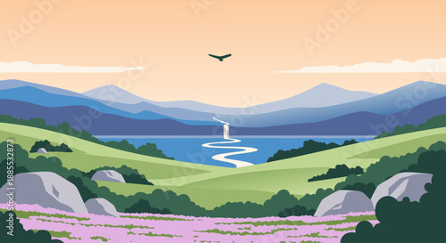 Serene Landscape Illustration of a Waterfall Flowing into a Lake with Mountains and Fields of Lavender