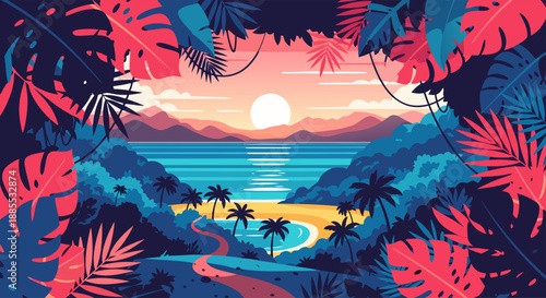Vibrant tropical sunset over a serene beach with palm trees and lush foliage, evoking a sense of paradise and tranquility