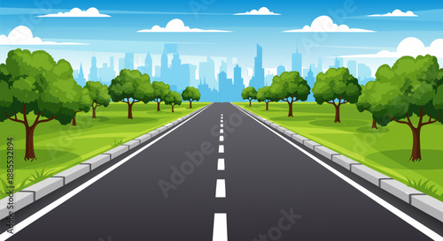 Beautiful vector illustration of an empty highway leading to a city skyline, perfect for travel and journey themes