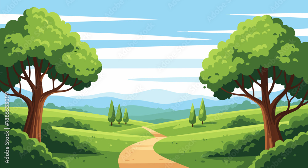 Fototapeta premium Beautiful Countryside Landscape Vector Illustration with Rolling Hills and Green Trees in a Peaceful Setting