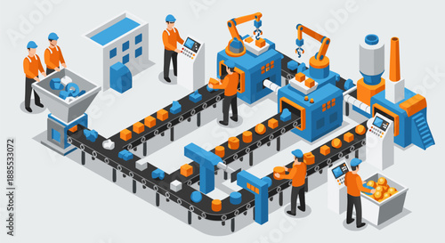 Isometric vector illustration of an automated factory production line with robotic arms and workers