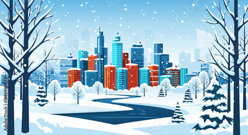 Winter cityscape vector illustration with snow falling on buildings and trees, a serene urban landscape