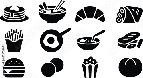 Various monochrome silhouette food icons illustrating a wide range of popular meals