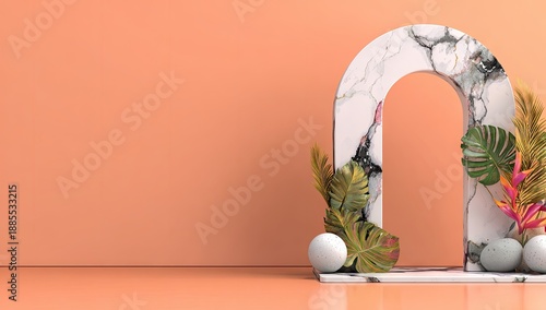 Marble archway with tropical plants and spheres on a peach background.