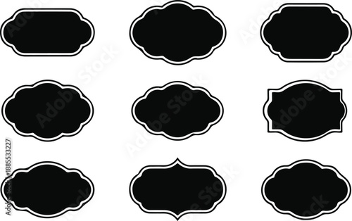 Nine Decorative Black Labels With White Outline On White Background