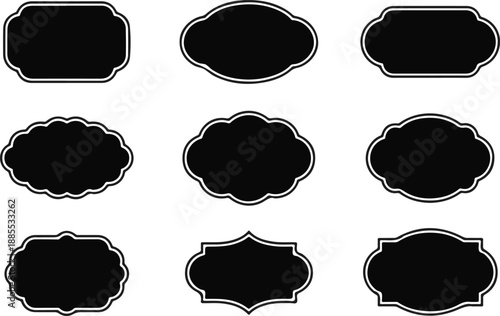 Nine Decorative Black Labels With White Outline On White Background
