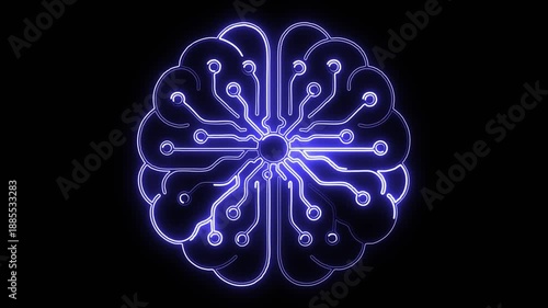 Neural networks brain with glowing blue neon light path effect on plain black background