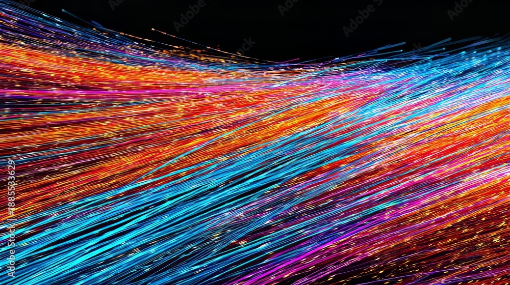 Obraz premium Vibrant abstract colorful light trails on dark background, dynamic chaotic lines creating energy and motion, festive playful atmosphere, modern technology, creativity and digital design