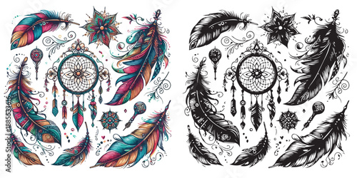 Bohemian Boho Elements - feathers, arrows & dream catcher silhouette vector on white background