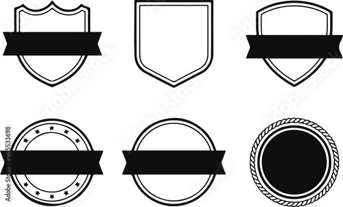 Six Blank Shield and Circle Badge Outlines with Banners