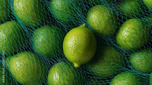 macro close up of fresh green limes behind turquoise mesh netting