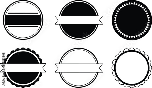 Six Circular Badges With Ribbons And Geometric Edges