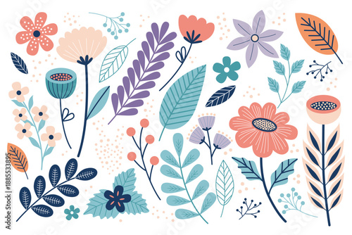 Spring floral vector set with abstract flowers, leaves and organic shapes in flat style