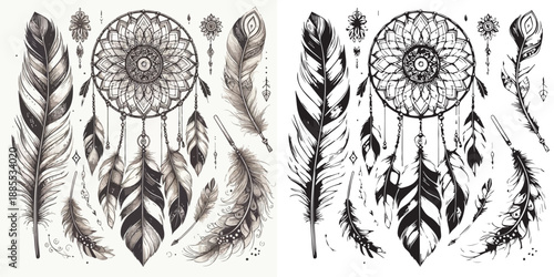 Bohemian Boho Elements - feathers, arrows & dream catcher silhouette vector on white background