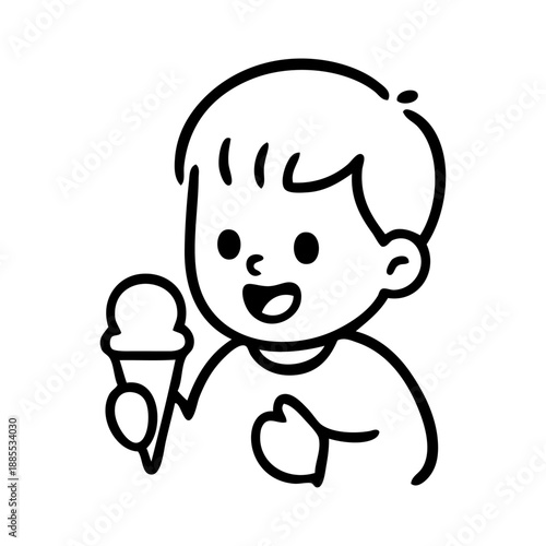 Vista de cerca de un dibujo sencillo de un niño comiendo un cucurucho de helado con líneas 