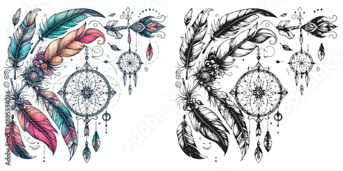 Bohemian Boho Elements - feathers, arrows & dream catcher silhouette vector on white background