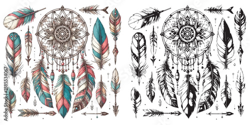 Bohemian Boho Elements - feathers, arrows & dream catcher silhouette vector on white background