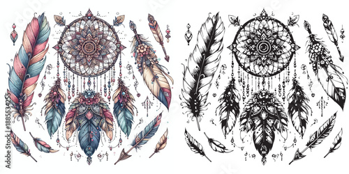Bohemian Boho Elements - feathers, arrows & dream catcher silhouette vector on white background