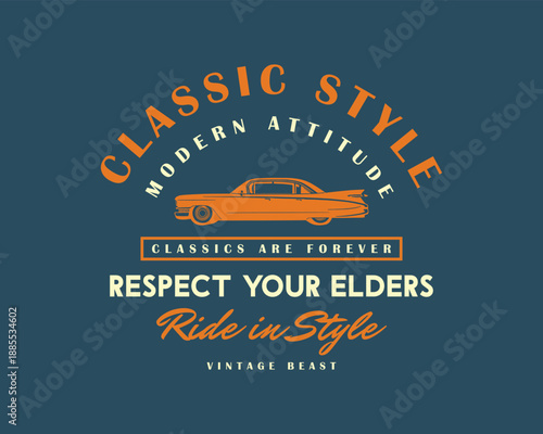 Old School New Cool Vintage Aut, Ride in Style, Vintage Car Badge Illustration and Typography Designomotive Badge Design