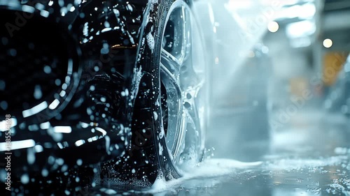 Car wheel, soap, and water during washing process
