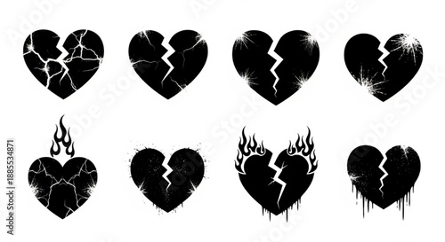 Broken heart illustrations in black with various designs and textures  