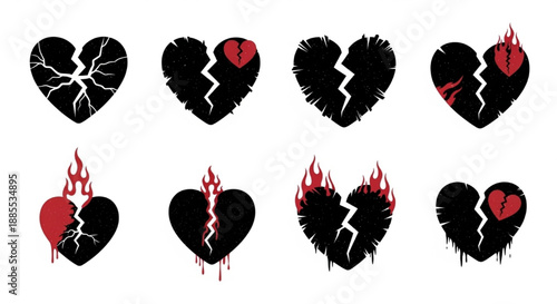 Broken heart illustrations in various styles and colors  