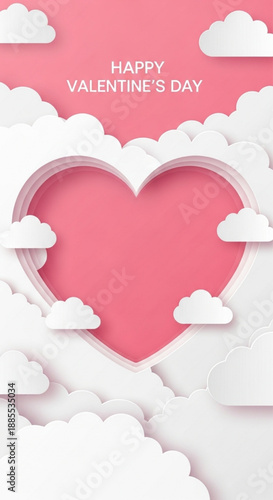 Valentine's Day card with heart and clouds on pink background  