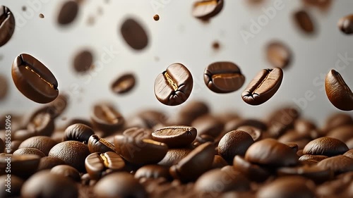 A close-up shot of coffee beans, with some beans in focus and others blurred, creating a sense of depth. Some are floating