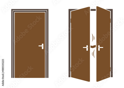A vector illustration of brown wooden doors, one closed and the other swinging open to reveal new possibilities. Realistic style.
