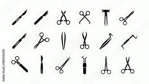 Professional Surgical Instrument Icons Including Scalpels, Forceps, and Scissors for Surgery