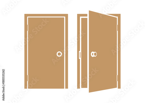 Brown wooden doors illustrated in a vector format, with one door closed and the other opening to embrace new opportunities. Realistic style.