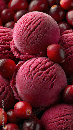 Cranberry Ice Cream Scoops Close-Up: Festive Holiday Dessert Delight