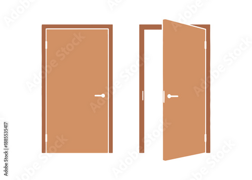 vector illustration showing brown wooden doors: one is closed, and the other is opening up, representing new opportunities. It's all in a realistic style.