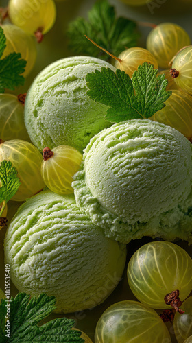 Gooseberry Ice Cream Scoops with Fresh Fruit and Leaf, Refreshing Summer Dessert
