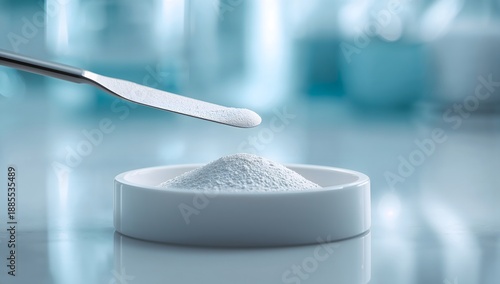 Metal spatula with white chemical powder in laboratory