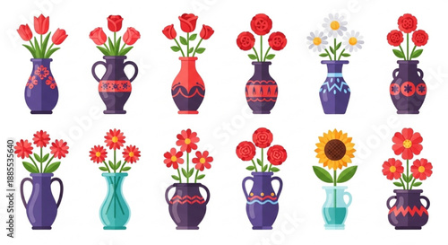 Colorful flower arrangements in decorative vases with floral patterns  