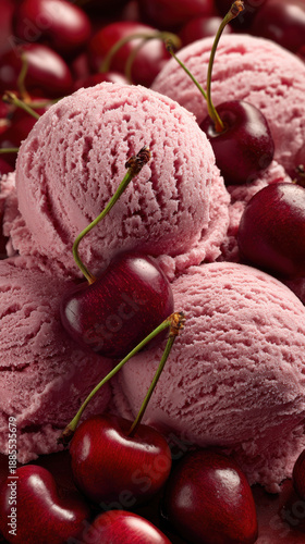 Cherry Ice Cream Scoops: Delicious Summer Treat, Sweet Dessert Close-Up