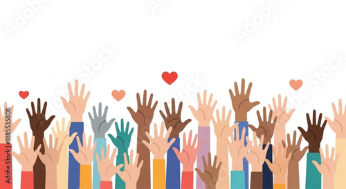 Diverse hands raised in celebration with hearts on a white background  